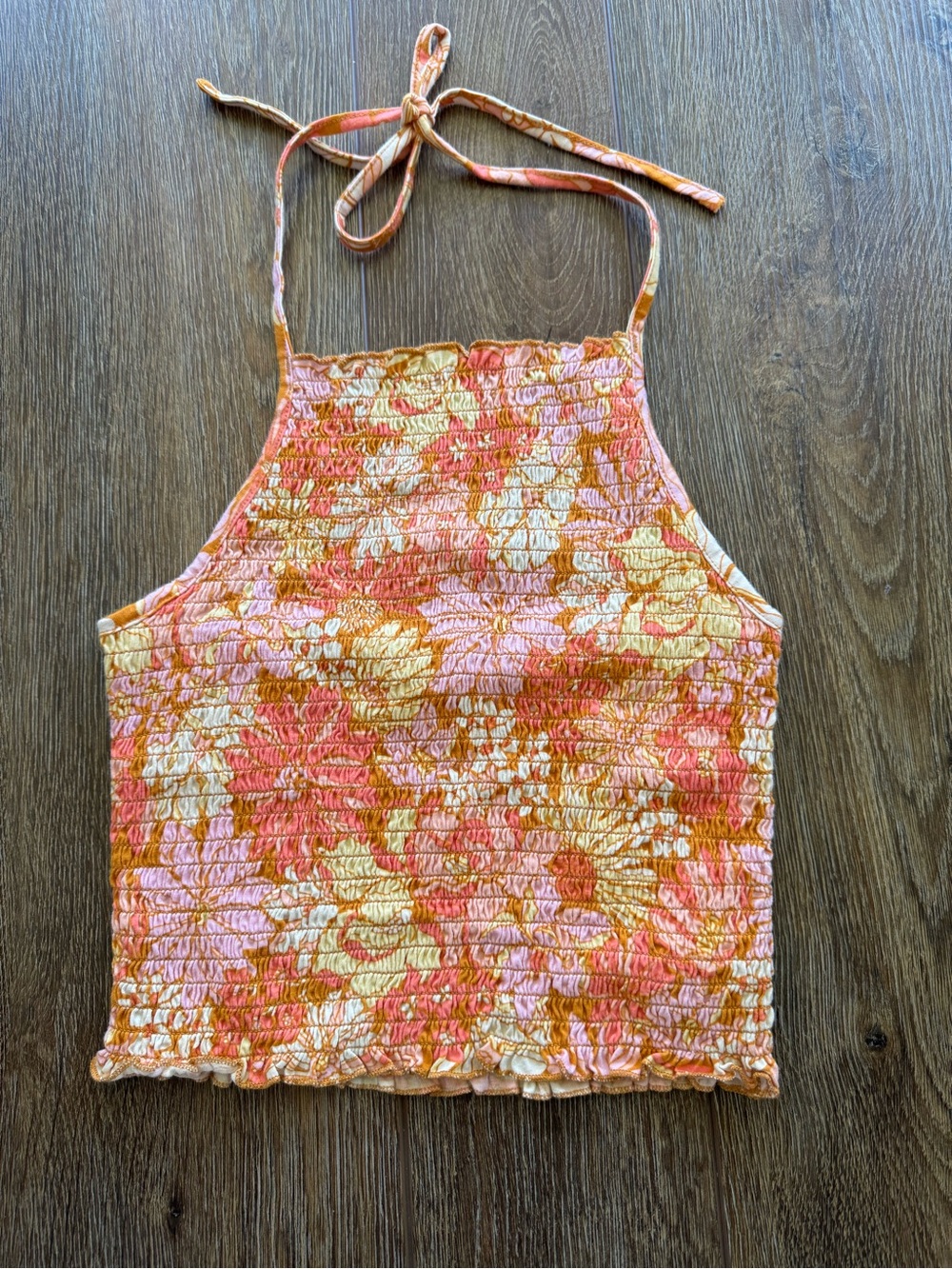 BillaBong Halter Smocked Floral Crop Top - Pink & Orange